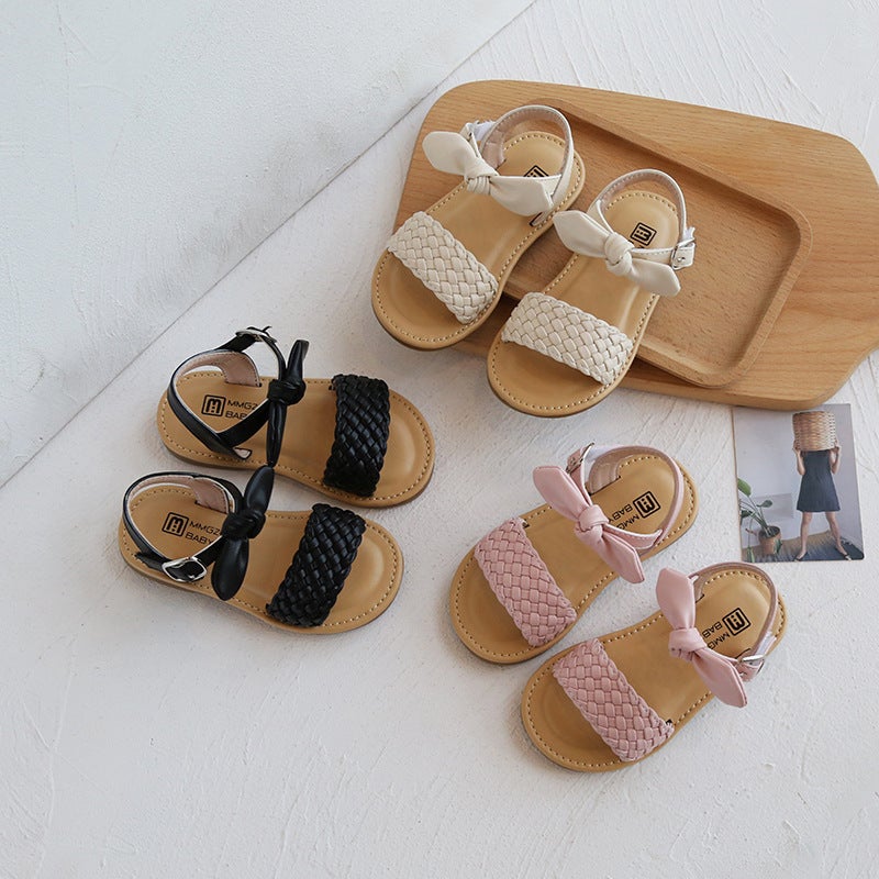 Girls Woven Sandals 2025 Spring And Soft-Soled Velcro Cork Sandals Bow Cute Princess Shoes - Image 2