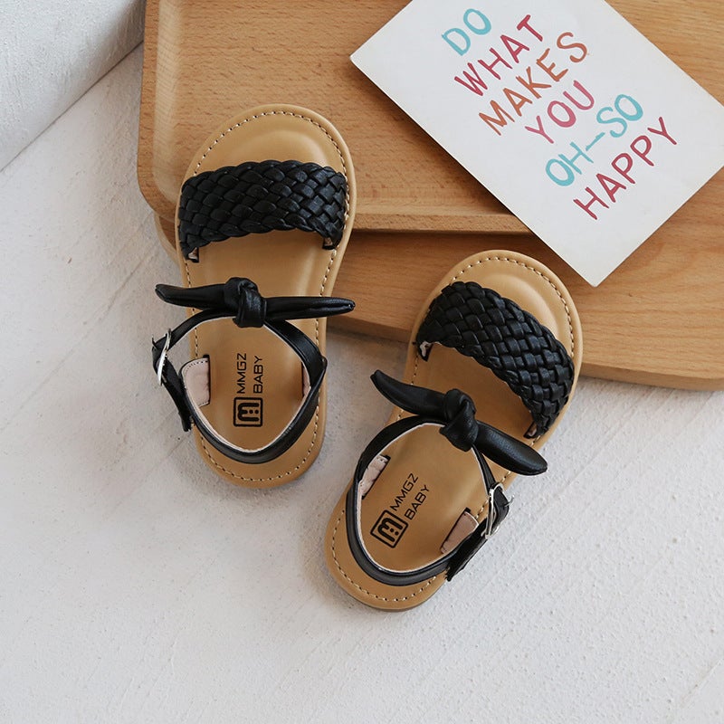 Girls Woven Sandals 2025 Spring And Soft-Soled Velcro Cork Sandals Bow Cute Princess Shoes - Image 4