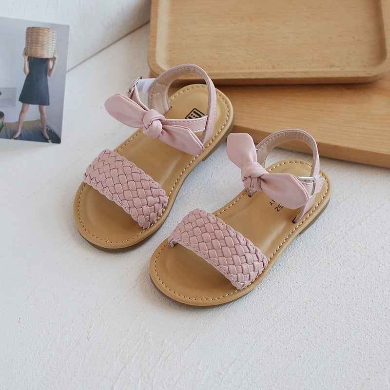 Girls Woven Sandals 2025 Spring And Soft-Soled Velcro Cork Sandals Bow Cute Princess Shoes - Image 1