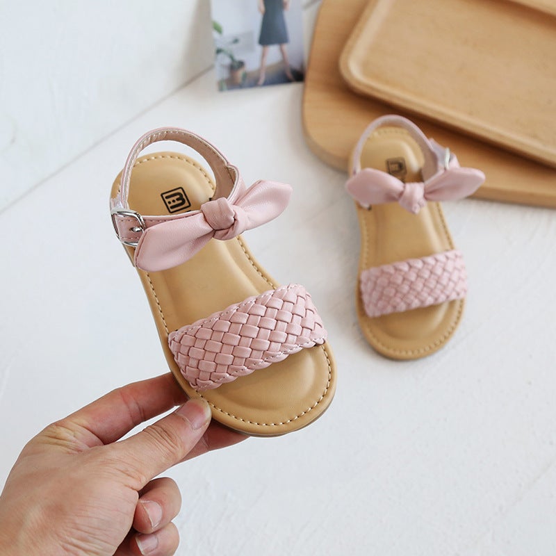 Girls Woven Sandals 2025 Spring And Soft-Soled Velcro Cork Sandals Bow Cute Princess Shoes - Image 3