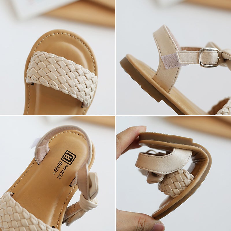 Girls Woven Sandals 2025 Spring And Soft-Soled Velcro Cork Sandals Bow Cute Princess Shoes - Image 5
