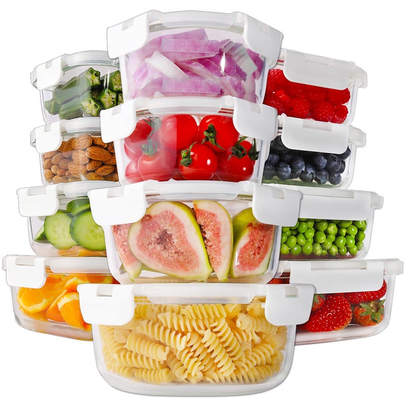 HOMBERKING 24pc Glass Food Storage Containers with Lids, Glass Meal Prep Containers with Leak Proof Snap Lock Lids, Airtight Bento Lunch Boxes, Kitchen Storage (12 lids & 12 Containers) - White - Image 1