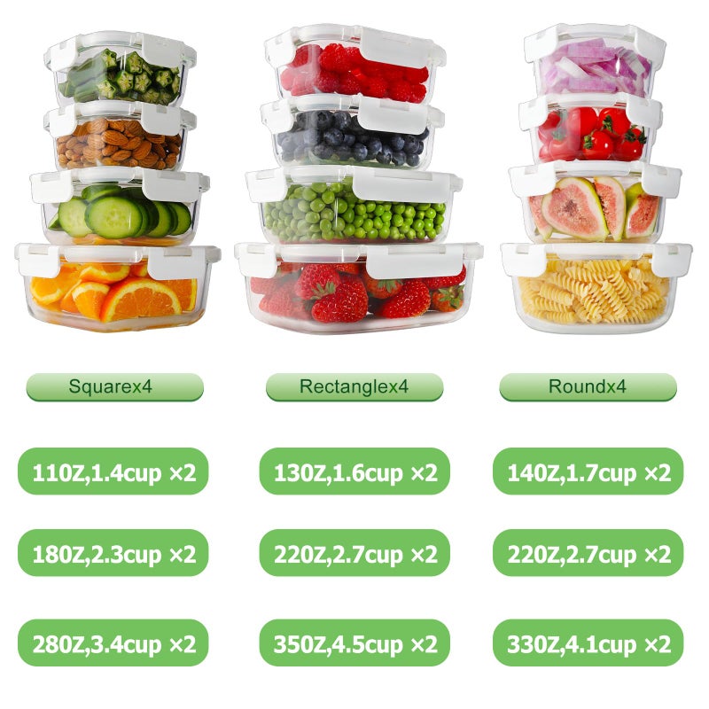 HOMBERKING 24pc Glass Food Storage Containers with Lids, Glass Meal Prep Containers with Leak Proof Snap Lock Lids, Airtight Bento Lunch Boxes, Kitchen Storage (12 lids & 12 Containers) - White - Image 3