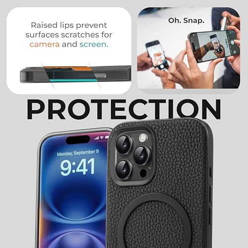 PULOKA Magfit Mobile Back Cover - Compatible with iPhone 15 Pro - Mag-Safe Design - Textured Vegan Leather - Electroplated Sides Bumper Case - Camera Protetection & Raised Edges - Black - Image 3
