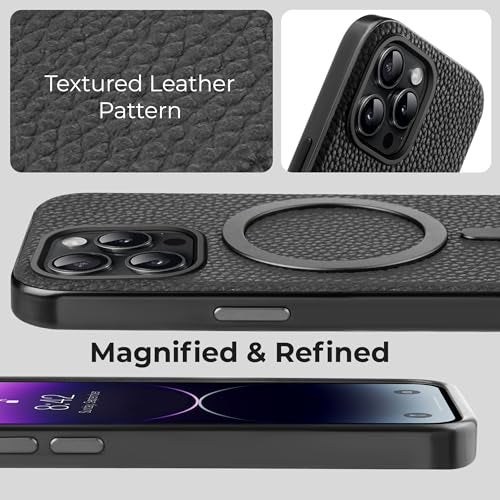 PULOKA Magfit Mobile Back Cover - Compatible with iPhone 15 Pro - Mag-Safe Design - Textured Vegan Leather - Electroplated Sides Bumper Case - Camera Protetection & Raised Edges - Black - Image 5