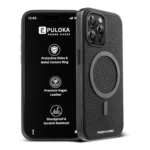 PULOKA Magfit Mobile Back Cover - Compatible with iPhone 15 Pro - Mag-Safe Design - Textured Vegan Leather - Electroplated Sides Bumper Case - Camera Protetection & Raised Edges - Black - Image 1
