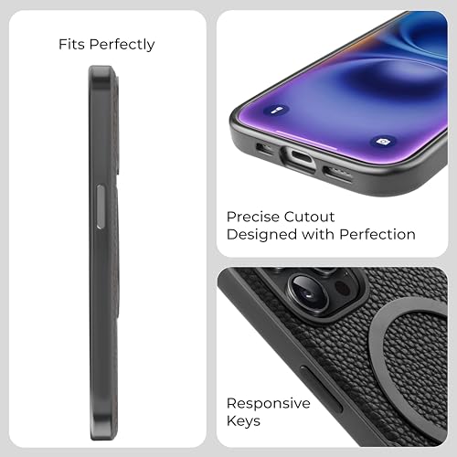 PULOKA Magfit Mobile Back Cover - Compatible with iPhone 15 Pro - Mag-Safe Design - Textured Vegan Leather - Electroplated Sides Bumper Case - Camera Protetection & Raised Edges - Black - Image 4