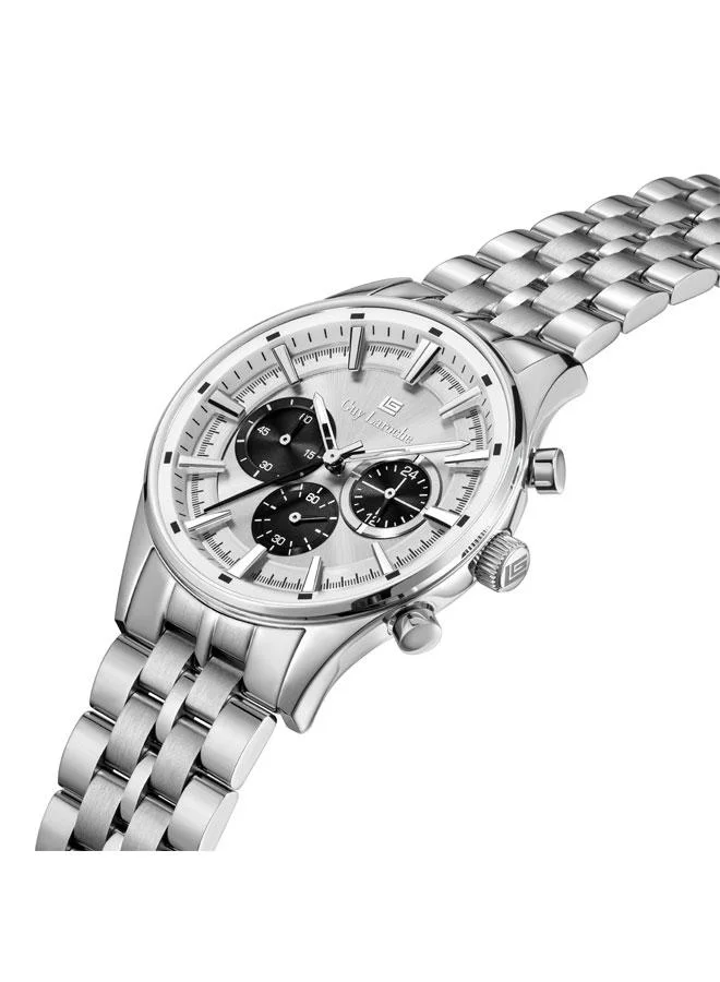 Guy Laroche Richard Silver White Dial Silver Metal Bracelet Chronograph Watch for Men 43mm