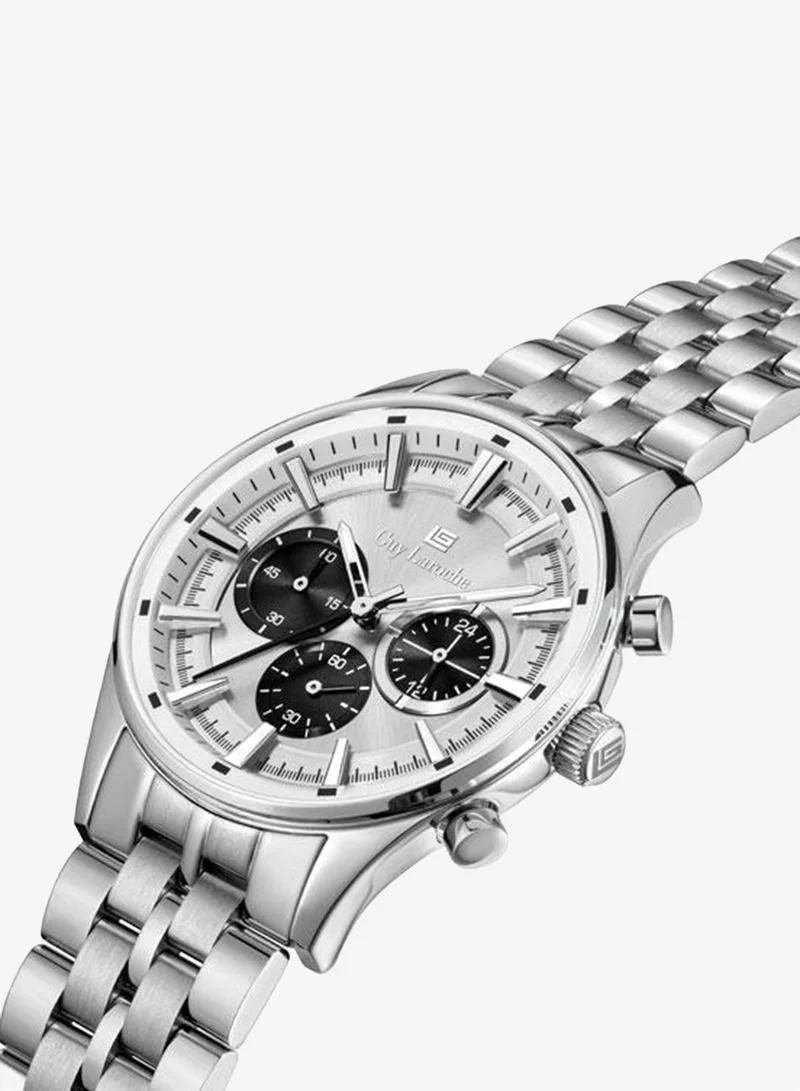 Guy Laroche Richard Silver White Dial Silver Metal Bracelet Chronograph Watch for Men 43mm