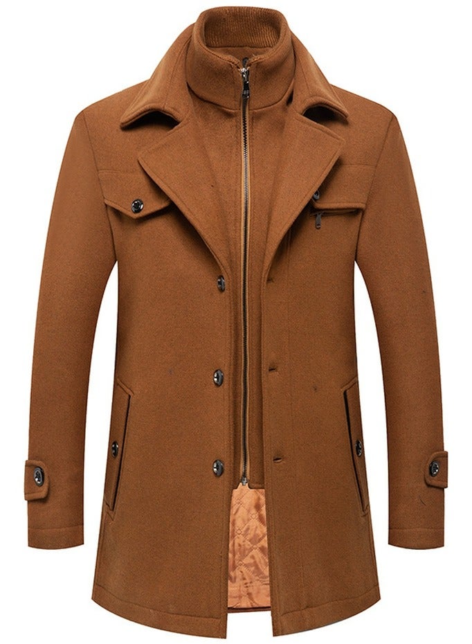 Loquat Men's Double Collar Winter Thick Trench Coat With Detachable Soft Scarf Jacket Camel 