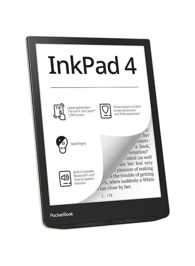 PocketBook InkPad 4 | Eye-Friendly Audio & E-Book Reader Large 7.8ʺ E-Ink Display Anti-Scratch Protection Text-to-Speech Function Bluetooth Built-in Speaker SMARTlight IPX8 Waterproof - Stardust Silver - Image 2