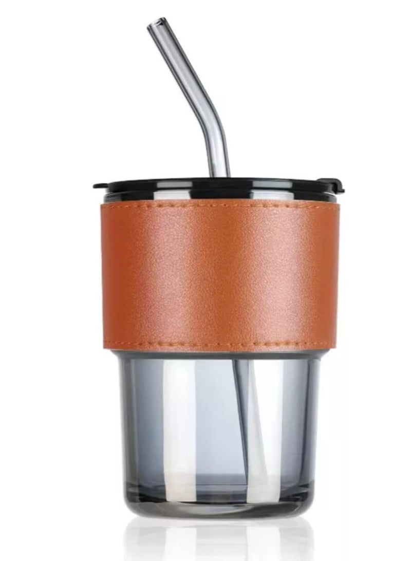 glass tumbler with lid, glass straw and protective anti-slip leather sleeve for hot and cold beverages tea coffee travel mug smoothies fruit juice  - Image 1