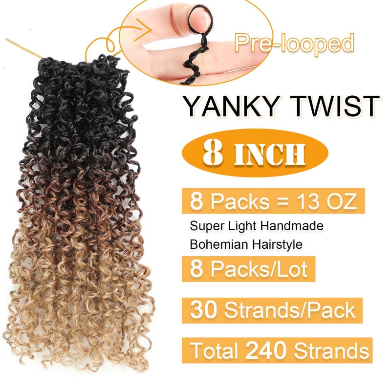 Aksice 8 Inch 8 Packs Yanky Twist Crochet Hair for Women Pre-looped Mini Twist Hair Bohemian Passion Twist Crochet Hair Boho Crochet Braids Synthetic (1B/30/27) - Image 2