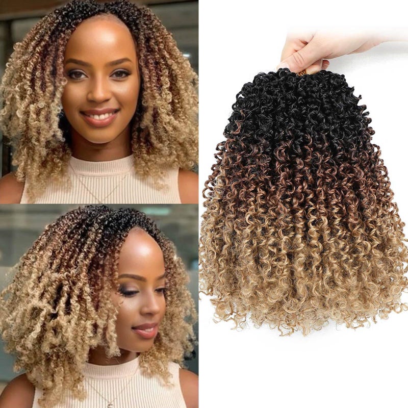 Aksice 8 Inch 8 Packs Yanky Twist Crochet Hair for Women Pre-looped Mini Twist Hair Bohemian Passion Twist Crochet Hair Boho Crochet Braids Synthetic (1B/30/27) - Image 1