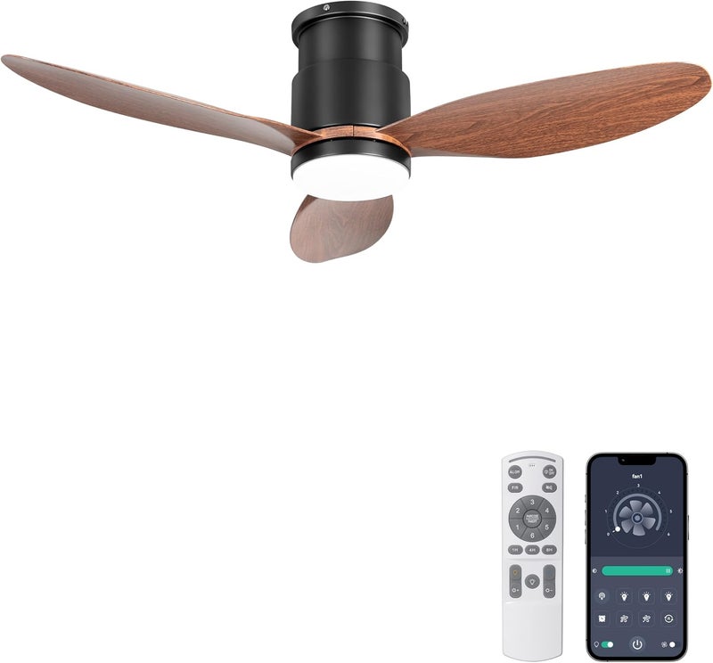 Ohniyou 42'' Low Profile Ceiling Fans with Lights, Remote/App Control, Dimmable, Quiet Indoor/Outdoor Ceiling Fan for Covered Patio, Bedroom, Kitchen, Walnut Color - Image 1