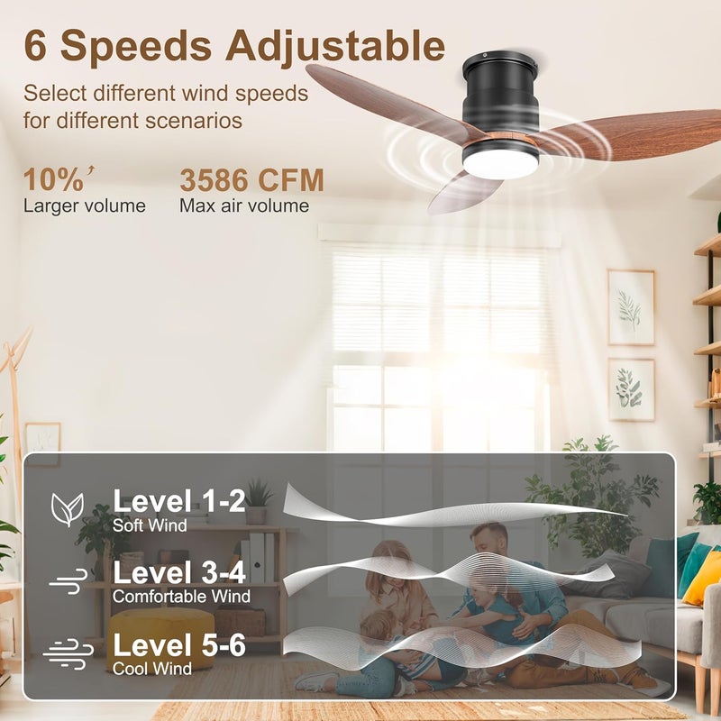 Ohniyou 42'' Low Profile Ceiling Fans with Lights, Remote/App Control, Dimmable, Quiet Indoor/Outdoor Ceiling Fan for Covered Patio, Bedroom, Kitchen, Walnut Color - Image 3