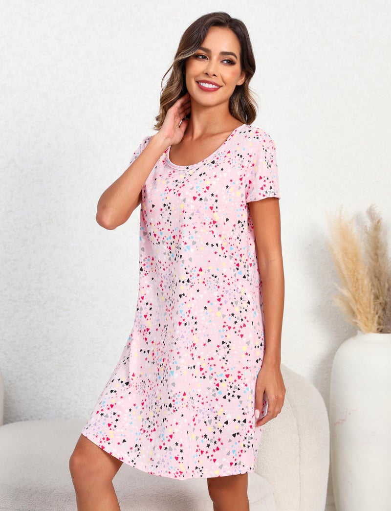PNAEONG Women's Cotton Nightgown Sleepwear Short Sleeves Shirt Casual Print Sleepdress XTSY108-Pink-XL - Image 3
