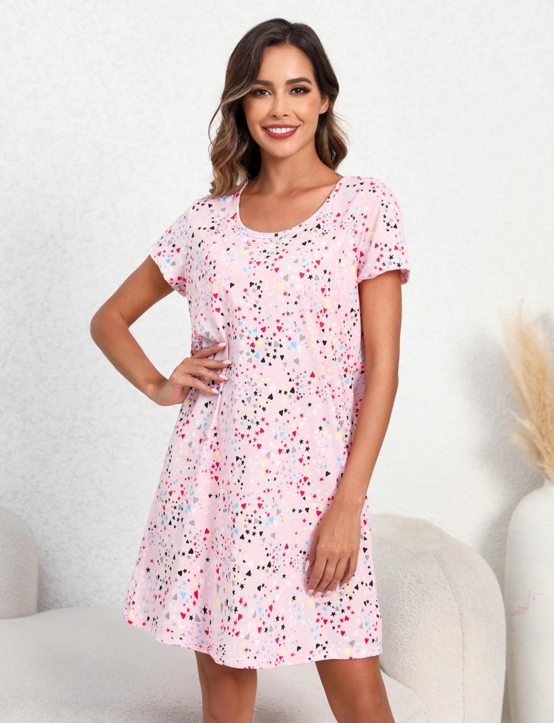 PNAEONG Women's Cotton Nightgown Sleepwear Short Sleeves Shirt Casual Print Sleepdress XTSY108-Pink-XL - Image 2