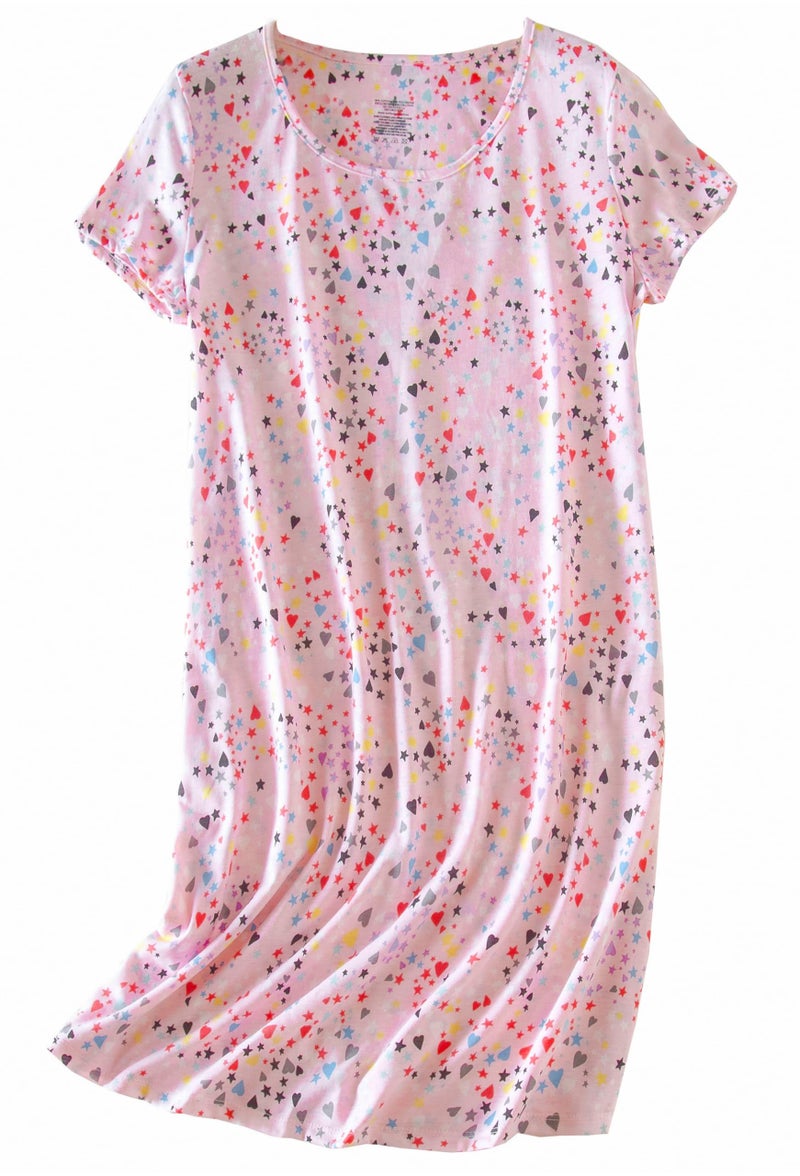PNAEONG Women's Cotton Nightgown Sleepwear Short Sleeves Shirt Casual Print Sleepdress XTSY108-Pink-XL - Image 1