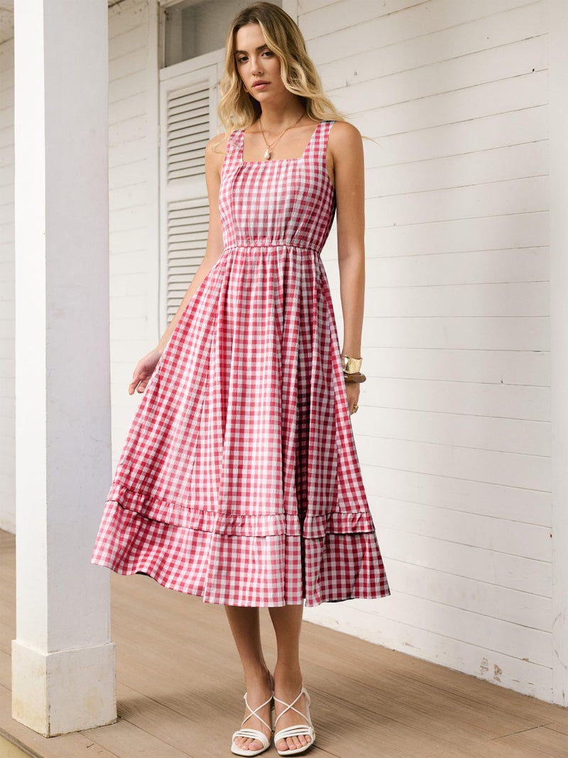Caracilia Womens Summer Casual Gingham Plaid Midi Dress Sleeveless Square Neck Flowy Beach Vacation Sundress with Pockets Red White Plaid XX-Large - Image 4