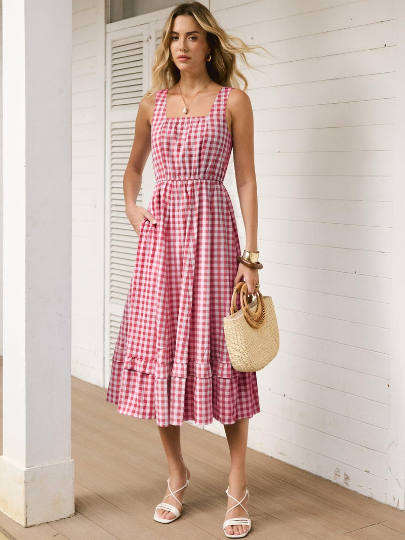 Caracilia Womens Summer Casual Gingham Plaid Midi Dress Sleeveless Square Neck Flowy Beach Vacation Sundress with Pockets Red White Plaid XX-Large - Image 2