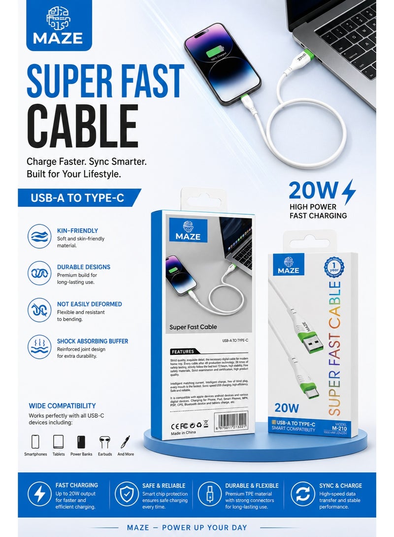 ميذ كابل USB Type-C من السيليكون للشحن السريع ونقل البيانات بسرعة عالية (20 واط)، يتميز بهيكل متين من سبائك الألومنيوم وشريحة ذكية، متوافق مع هواتف أندرويد الذكية والأجهزة اللوحية وبنوك الطاقة؛ كابل شحن من USB-A إلى Type-C بطول متر واحد. - Image 2