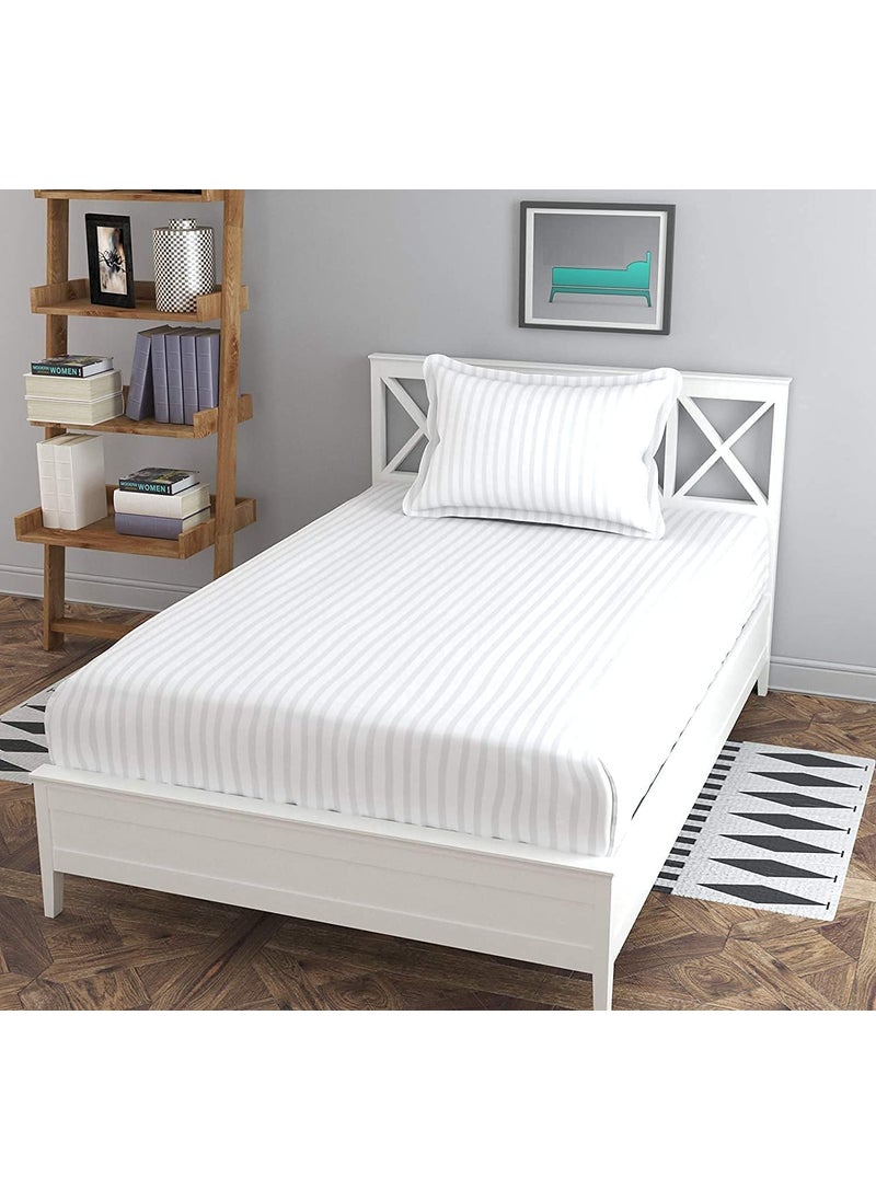 Cool Dealzz Cool Dealzz Plain White Cotton Stripe Single Size Bedsheet Set with One Pillow Cover 300 TC 