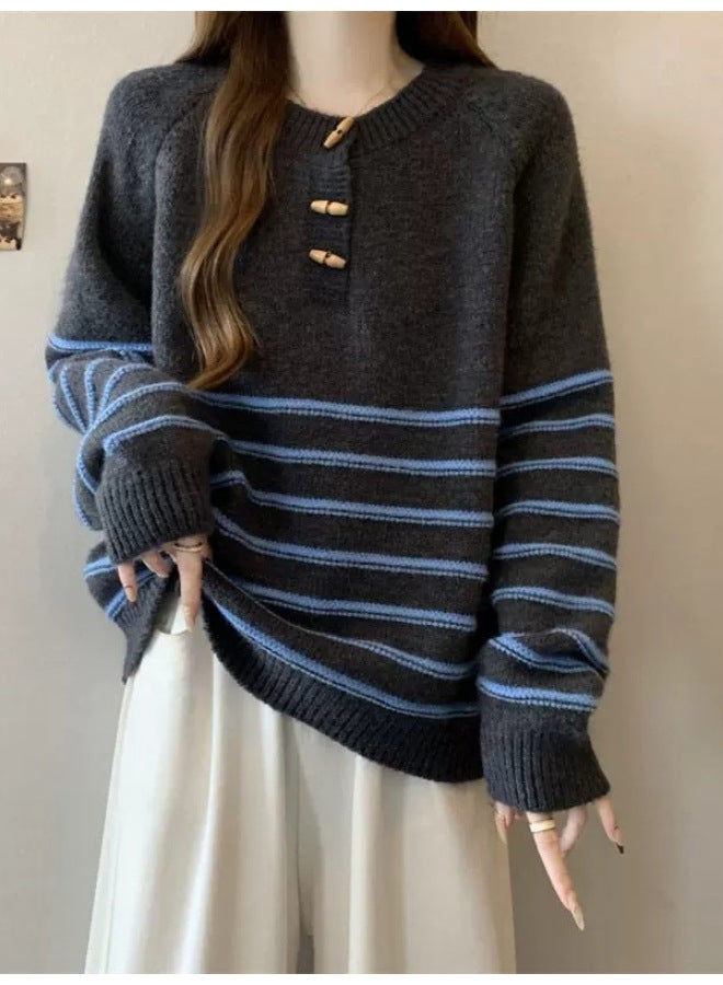 Leyuan Autumn Winter New Retro Horn Button Contrast Color Stripe Round Neck Knitted Sweater Loose Pullover Women's Sweater - Image 3