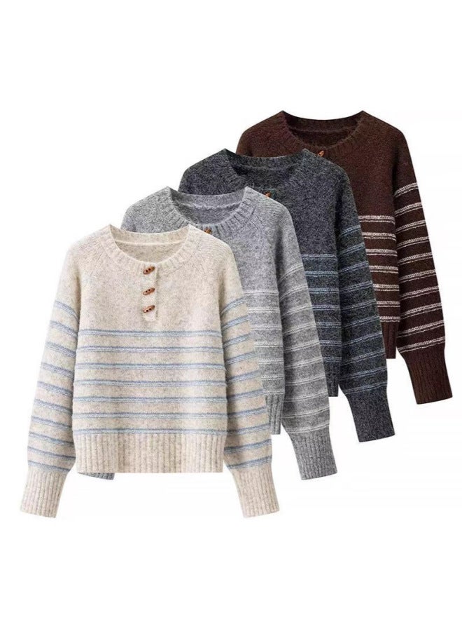 Leyuan Autumn Winter New Retro Horn Button Contrast Color Stripe Round Neck Knitted Sweater Loose Pullover Women's Sweater - Image 1