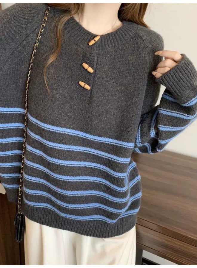 Leyuan Autumn Winter New Retro Horn Button Contrast Color Stripe Round Neck Knitted Sweater Loose Pullover Women's Sweater - Image 4