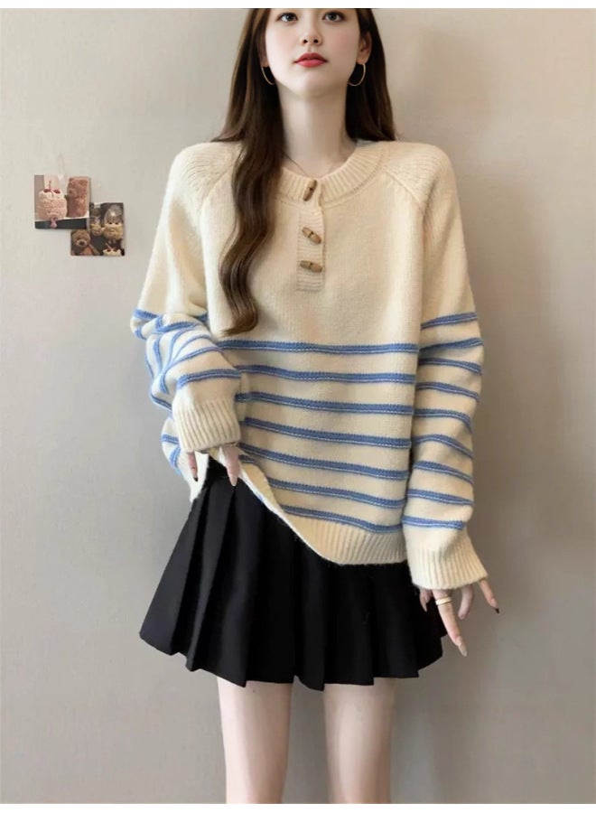 Leyuan Autumn Winter New Retro Horn Button Contrast Color Stripe Round Neck Knitted Sweater Loose Pullover Women's Sweater - Image 5