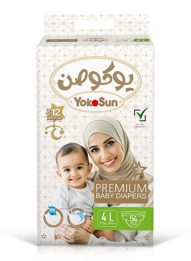 YokoSun Premium Baby Diapers, Size 4 / L (9-13 kg), 54 pcs â€“ Ultra-Soft, Hypoallergenic Nappies, Japanese Quality for Baby Skin Care, Leakproof with 12-Hour Dryness Protection - Image 1