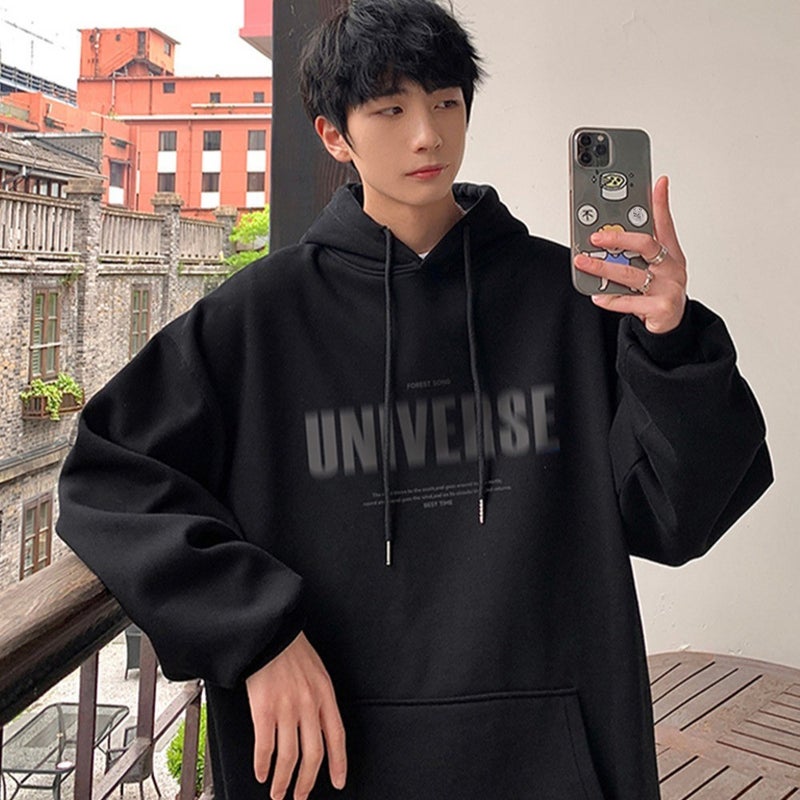 American Hooded Sweatshirt Mens Autumn and Winter Loose Design Simple fleece-lined Thickened Fuzzy Letter Printed Trendy Brand Jacket White  - Image 3