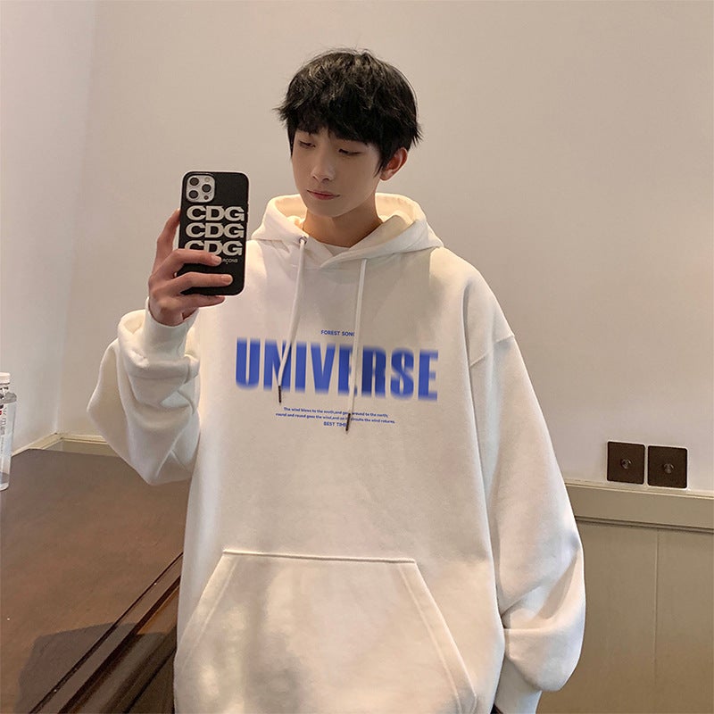 American Hooded Sweatshirt Mens Autumn and Winter Loose Design Simple fleece-lined Thickened Fuzzy Letter Printed Trendy Brand Jacket White  - Image 4
