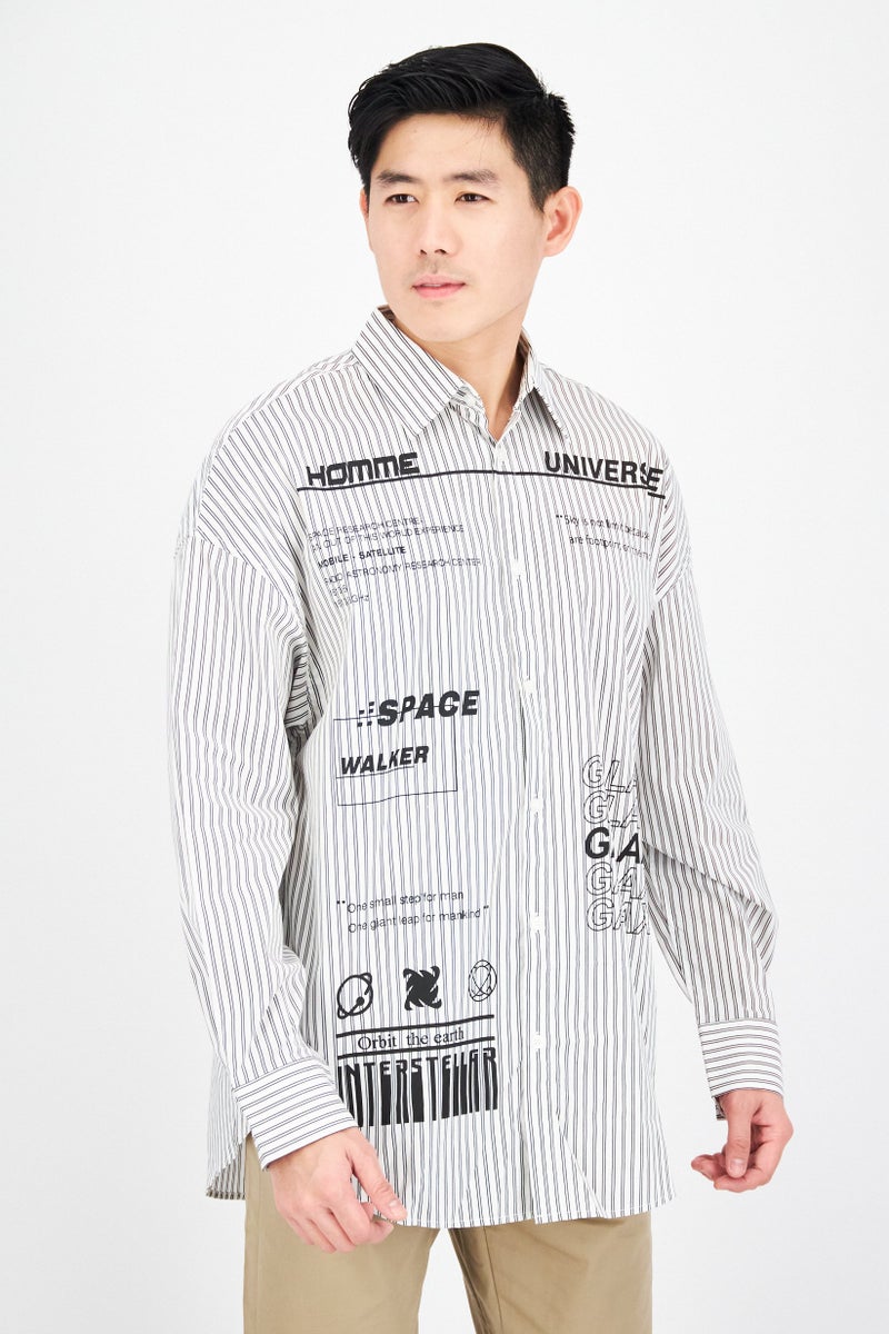 SELECTED Men Oversize Fit Long Sleeve Stripe Casual Shirt, White - Image 1