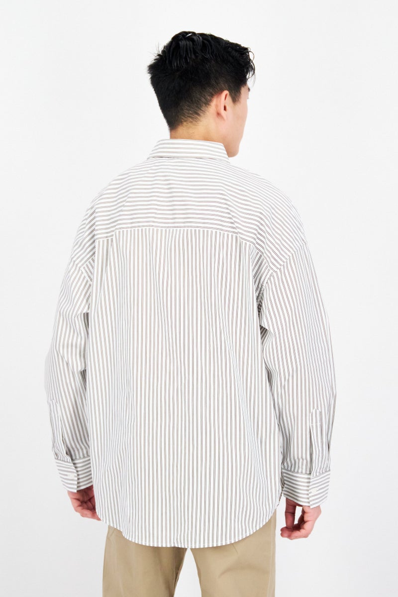 SELECTED Men Oversize Fit Long Sleeve Stripe Casual Shirt, White - Image 4