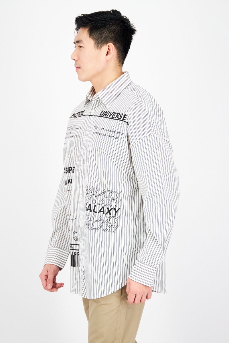 SELECTED Men Oversize Fit Long Sleeve Stripe Casual Shirt, White - Image 2
