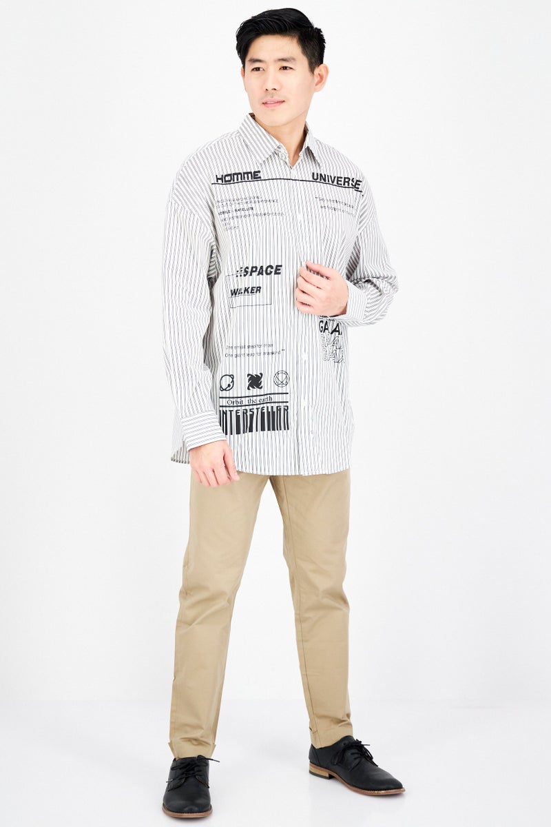 SELECTED Men Oversize Fit Long Sleeve Stripe Casual Shirt, White - Image 3