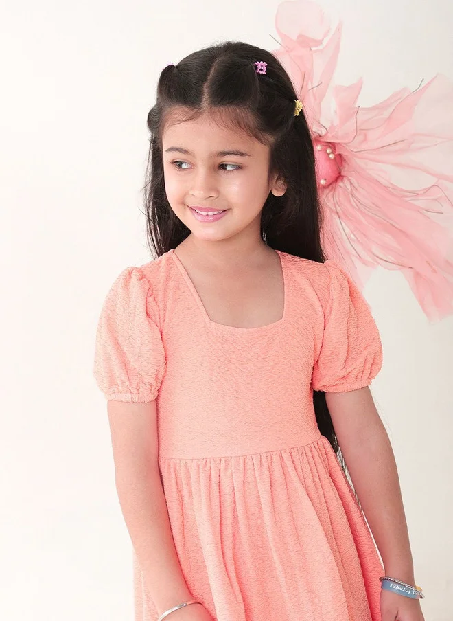 Bonkids BONKIDS Peach Satin Fit & Flare Dress with Puff Sleeves
