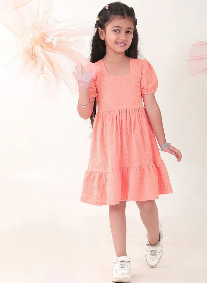 Bonkids BONKIDS Peach Satin Fit & Flare Dress with Puff Sleeves