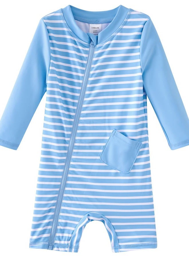 UMELOK Baby Boys' Swimsuit Full Zip UPF 50+ Sun Protection Swimwear, Sky Blue-stripe, 12-18 Months - Image 1