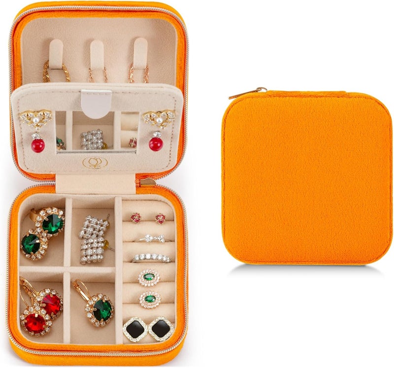 ZPROW Plush Velvet Travel Jewelry Case, Travel Jewelry Organizer, Jewelry Travel Case, Travel Jewelry Box, Small Jewelry Case, Jewelry Travel Box, Earring Organizer with Mirror - Orange - Image 1