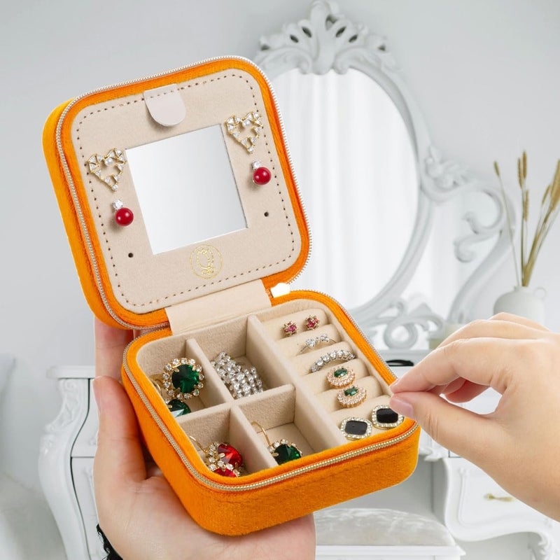 ZPROW Plush Velvet Travel Jewelry Case, Travel Jewelry Organizer, Jewelry Travel Case, Travel Jewelry Box, Small Jewelry Case, Jewelry Travel Box, Earring Organizer with Mirror - Orange - Image 2