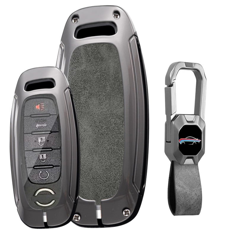 KUNIO 345 Button Leather Metal Car Key Fob Cover Case Fit for Nissan Rogue Pathfinder 2025 Altima Teana Kicks 2023 Sentra 2024 Key Protective Cover Key Holder Accessories GrayShort Keychain