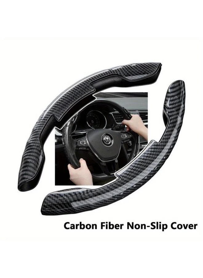 2pcs Carbon Fiber Steering Wheel Covers Non Slip Ergonomic Grip Reduces Hand Sweat Fits 14.96 Inch Diameter Wheel Durable Plastic Black And Gray Textured Design Car Interior Accessories Sporty Car Accessory - Image 1