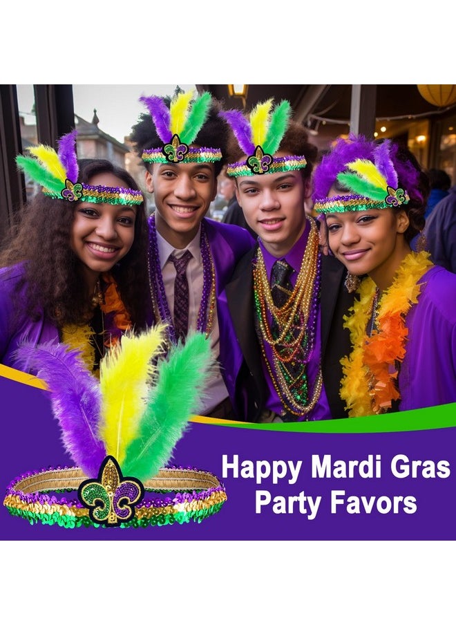 Camlinbo 2 Pcs Mardi Gras Headband Fleur De Lis Headbands Feathers Fascinators Sequins Headpieces Purple Gold Green Headwear Adjustable Hair Band Mardi Gras Accessories Party Favor Masquerade Parties  - Image 5