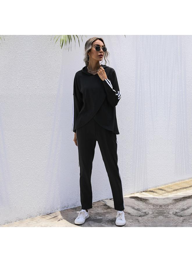 Fall European And American New Black Sports Sweater Suit Casual Hooded Women's Two-piece Suit