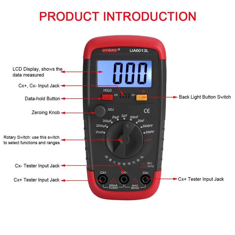 Hztyyier Digital Capacitance Meter Multimeter Professional Capacitor Tester 0.1pF - 20000uF with LCD Backlight and Safety Jacket 1999 Display - Image 3