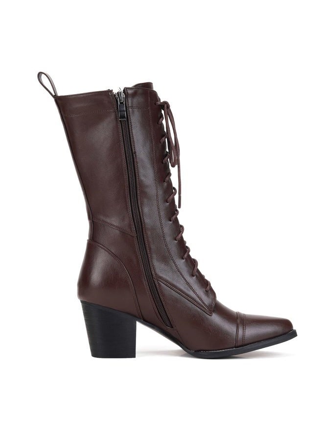 UTIKLIOU Women's Mid Calf Boots Lace up Combat Boots Leather Side Zipper Winter Boots Faux Fur Lining, Brown, 10 - Image 3
