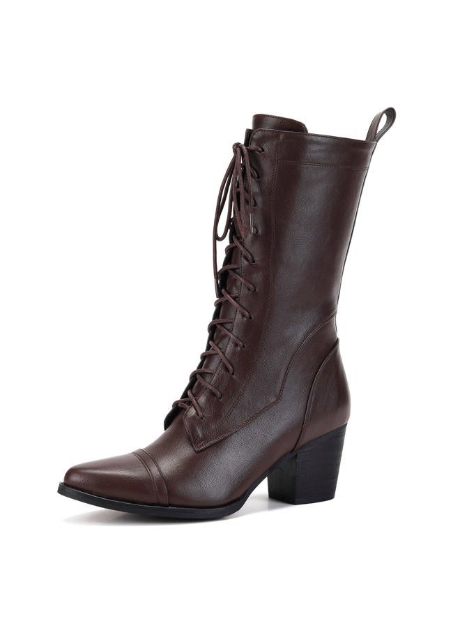UTIKLIOU Women's Mid Calf Boots Lace up Combat Boots Leather Side Zipper Winter Boots Faux Fur Lining, Brown, 10 - Image 1